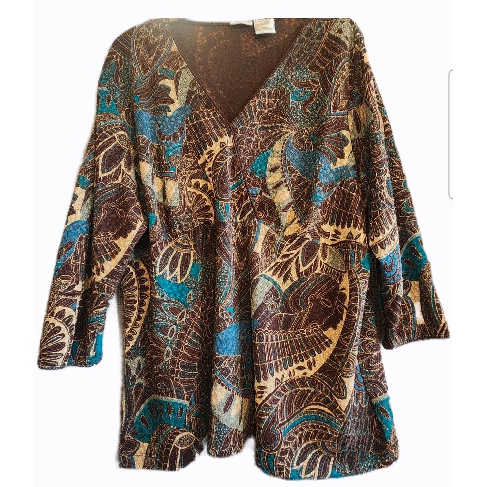 East 5th Woman Tunic Top Womens 2X Brown Teal Paisley V-Neck 3/4 Sleeve Knit